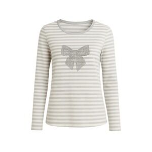 Talbots Woman Petites 3XP Gray Stripe 3/4 Sleeve Cotton‎ Top Bow Applique Preppy